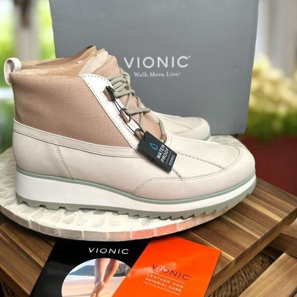 Vionic $170 Nolan Orthotic Waterproof Leather Canvas Arch Support Hiking Boots W - Picture 2 of 11